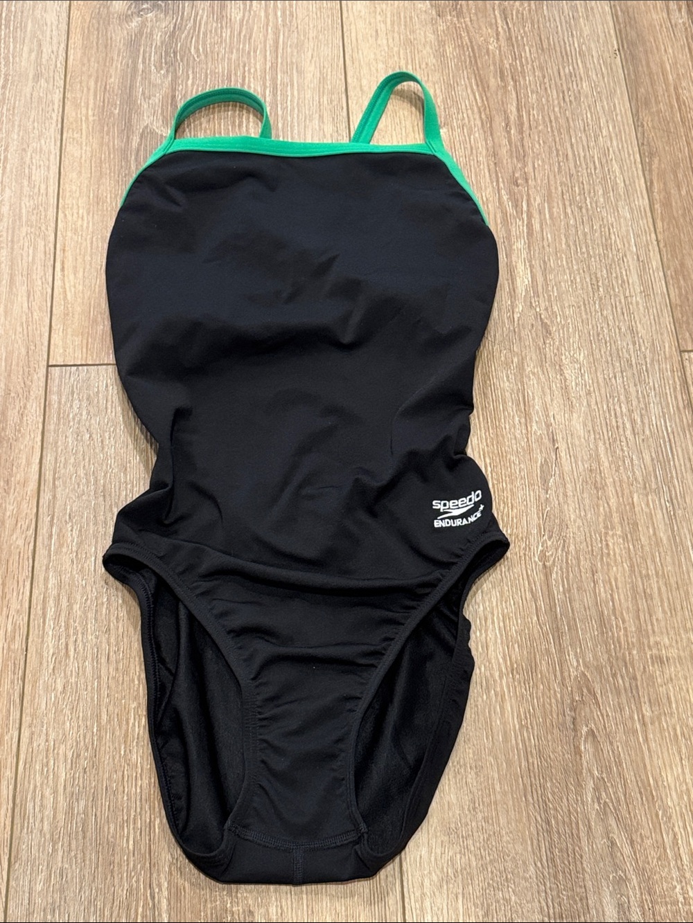 Speedo Endurance + Black One-Piece Swimsuit with Green Straps